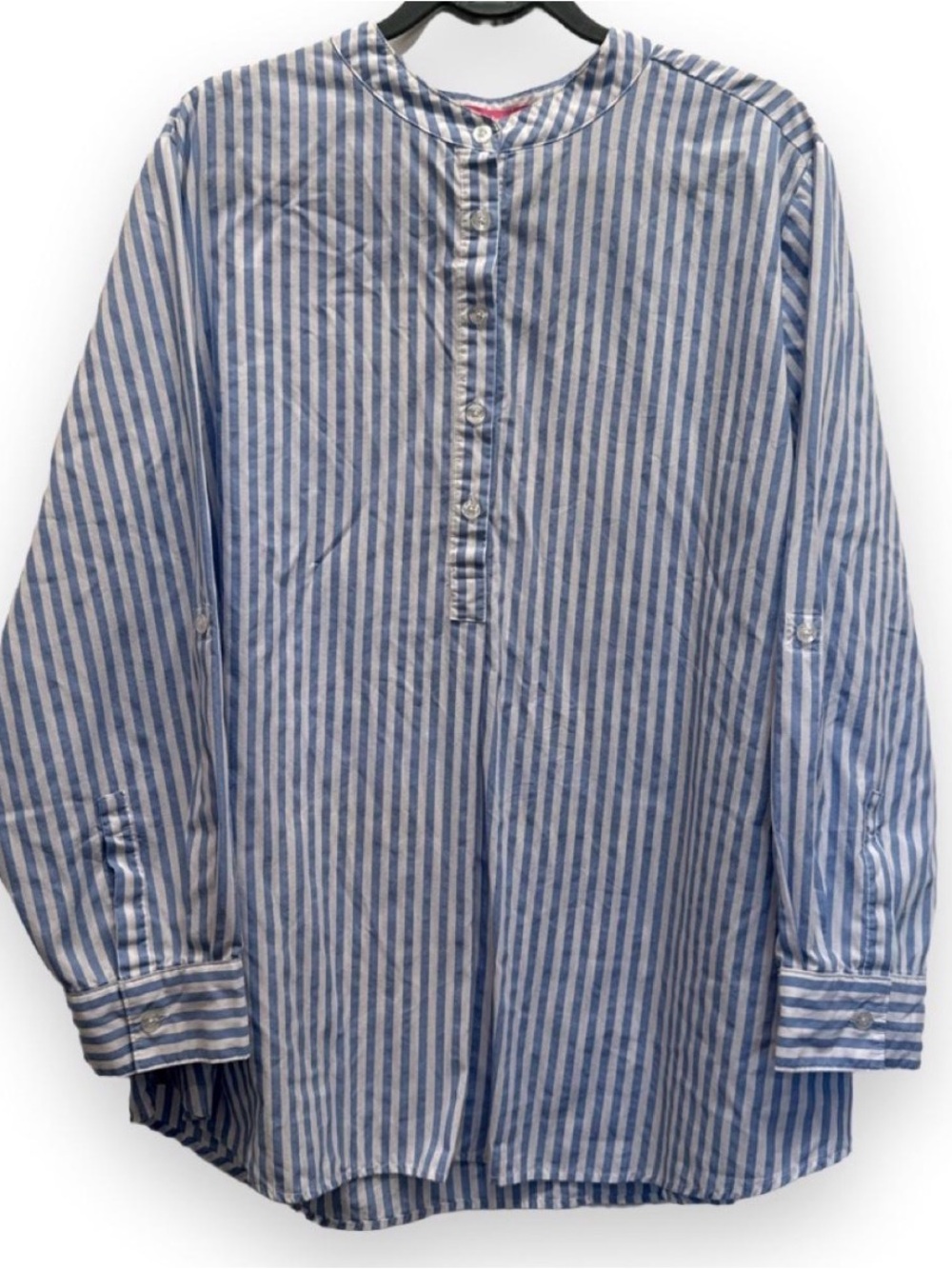 Woman Within Blue and White Vertical Stripe Band-Collar Shirt